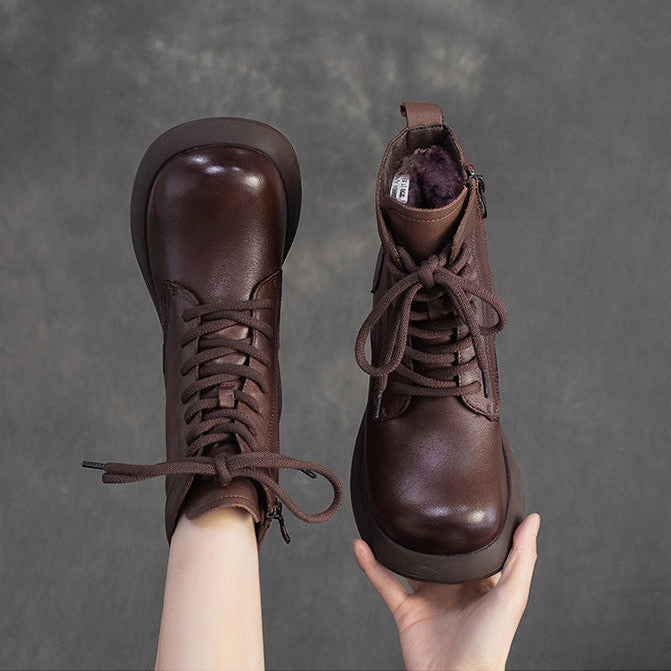 Women's Minimalist Plain Leather Woolen Snow Boots Snow Boots Heel