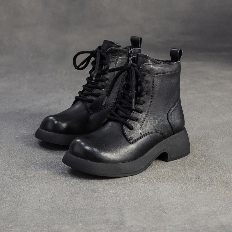 Women's Minimalist Plain Leather Woolen Snow Boots Slip On Snow Boots Waterproof