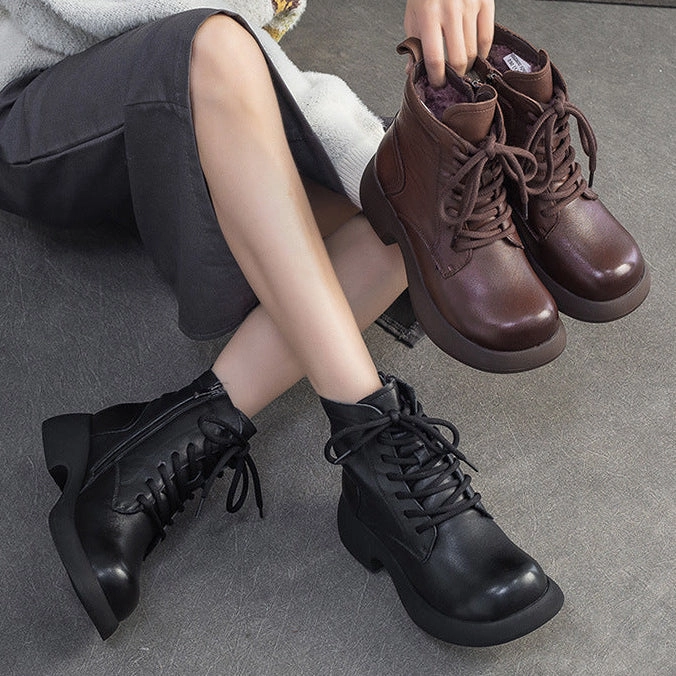 Women's Minimalist Plain Leather Woolen Snow Boots Oshkosh Snow Boots