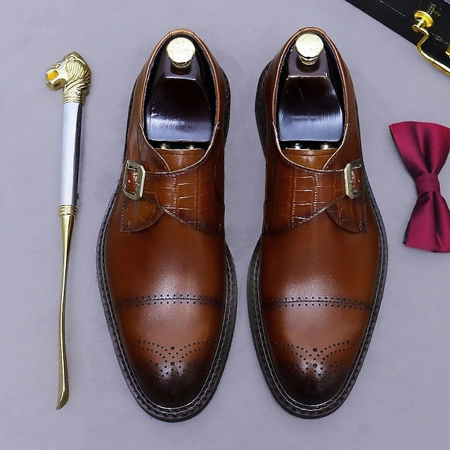 Genuine Shoes- Dress Leather Strap Black Men's First Monk Lace Up Brogues