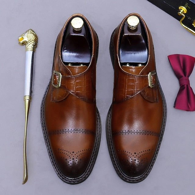 Brogue Wingtip Shoes Genuine Shoes- Dress Leather Strap Black Men's First Monk