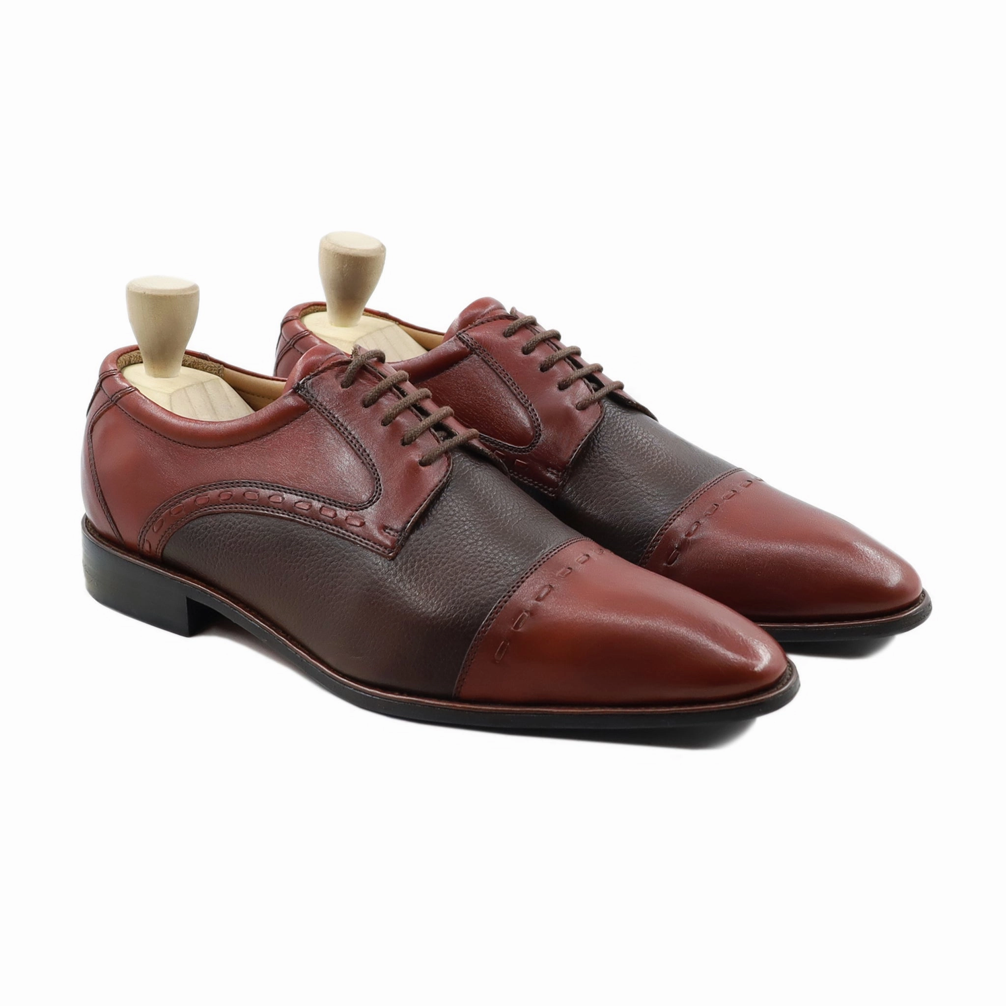 Gomel - Men's Oxblood Calf and Dark Brown Pebble Grain Leather Derby Shoe High Heel Derby Shoes