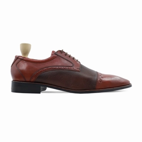 Gomel - Men's Oxblood Calf and Dark Brown Pebble Grain Leather Derby Shoe Lace Up Non Slip Shoes