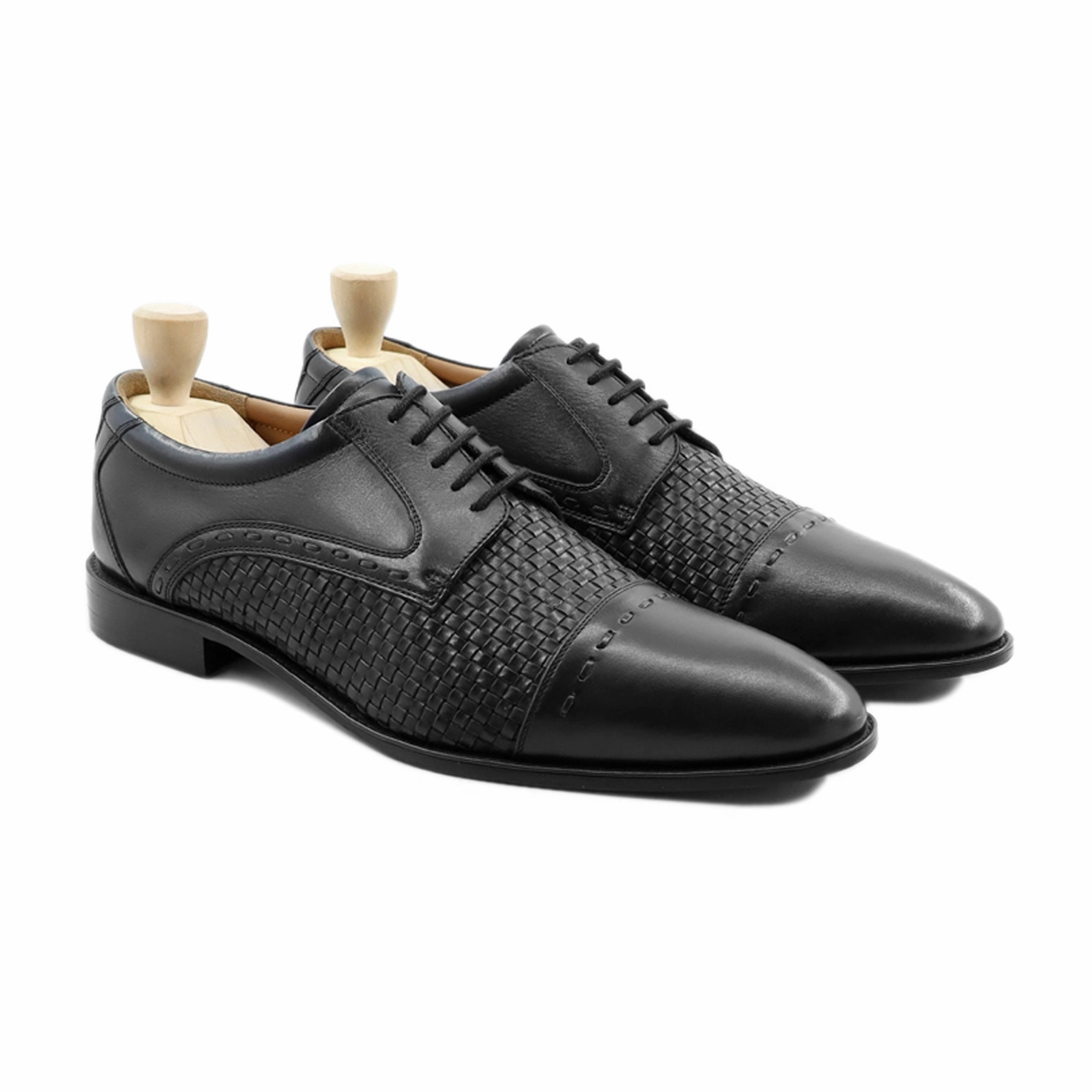 Coffee Oxford Gorzo - Men's Black Calf and Hand Woven Calf Leather Derby Shoe