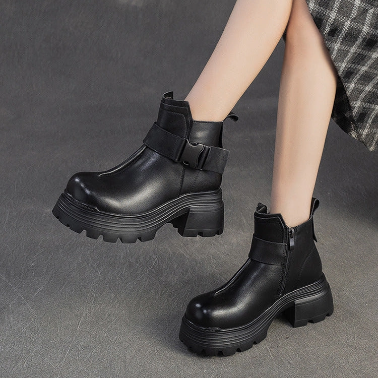 Wide Feet Snow Boots Women's Minimalist Plain Leather Buckle Furred Snow Boots