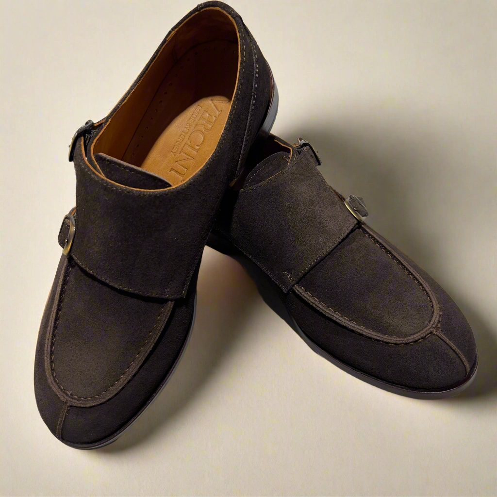 Handcrafted Brown Suede Double Monk Strap Shoe Tape Brogues