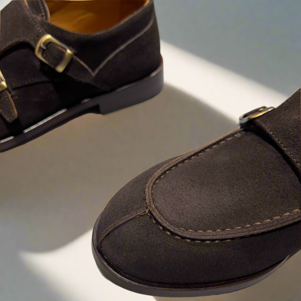 Handcrafted Brown Suede Double Monk Strap Shoe Union Jack Brogues