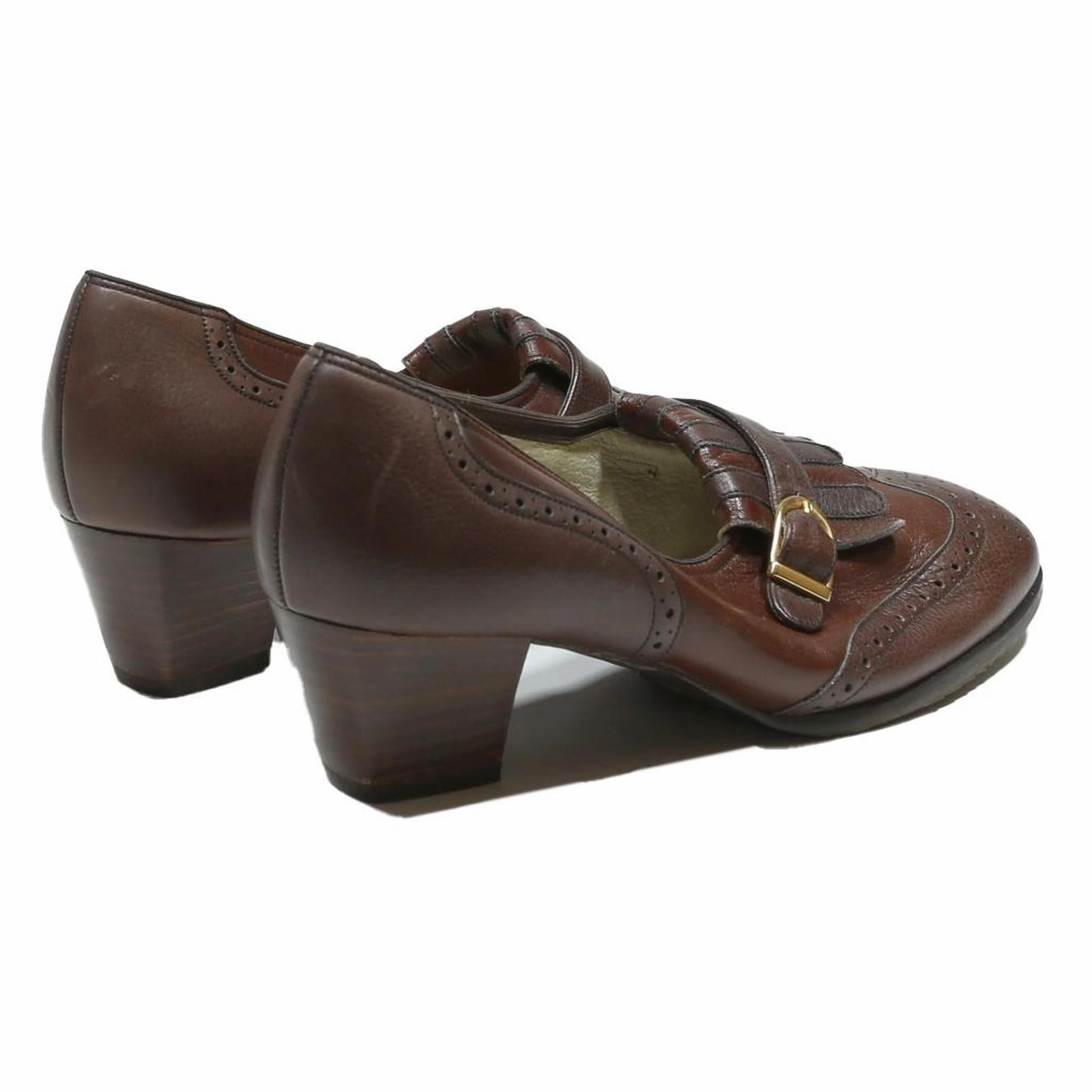 HASLEY Womens Brown Leather Buckle Mid Heel Shoes UK 4.5 Classic Formal Brown Brogues Size 10