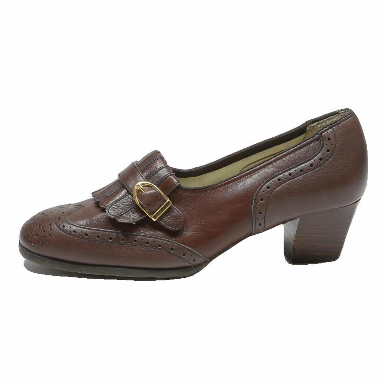 Brogues Shoes HASLEY Womens Brown Leather Buckle Mid Heel Shoes UK 4.5 Classic Formal