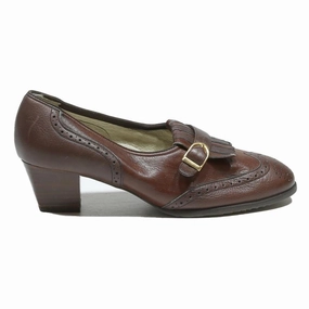 HASLEY Womens Brown Leather Buckle Mid Heel Shoes UK 4.5 Classic Formal Nubuck Brogues
