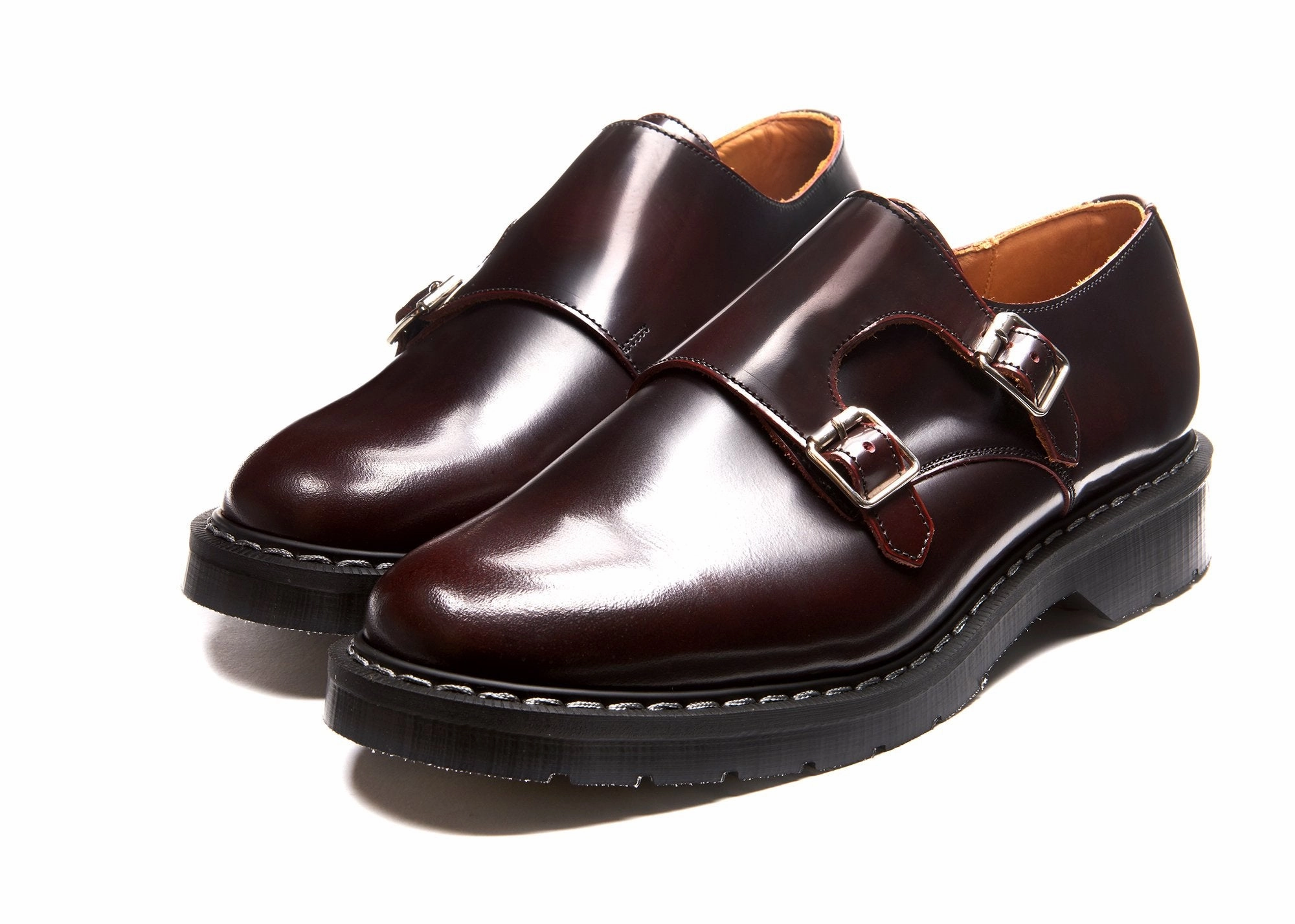 Burgundy Rub-Off Double Buckle Monk Shoe Brogue Shoes Heels