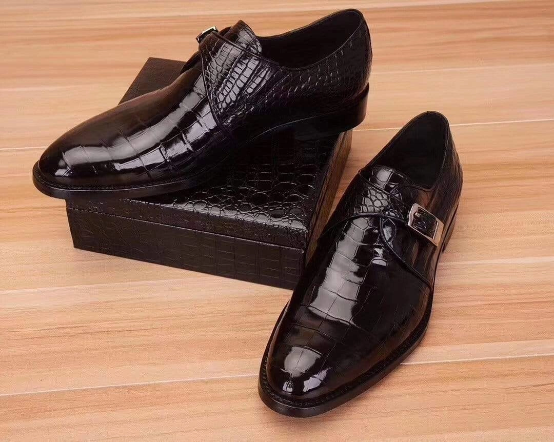 Crocodile Shoes Mens Crocodile  Leather Black Monk Shoes Slip on Smart Loafer Loafers Spanish