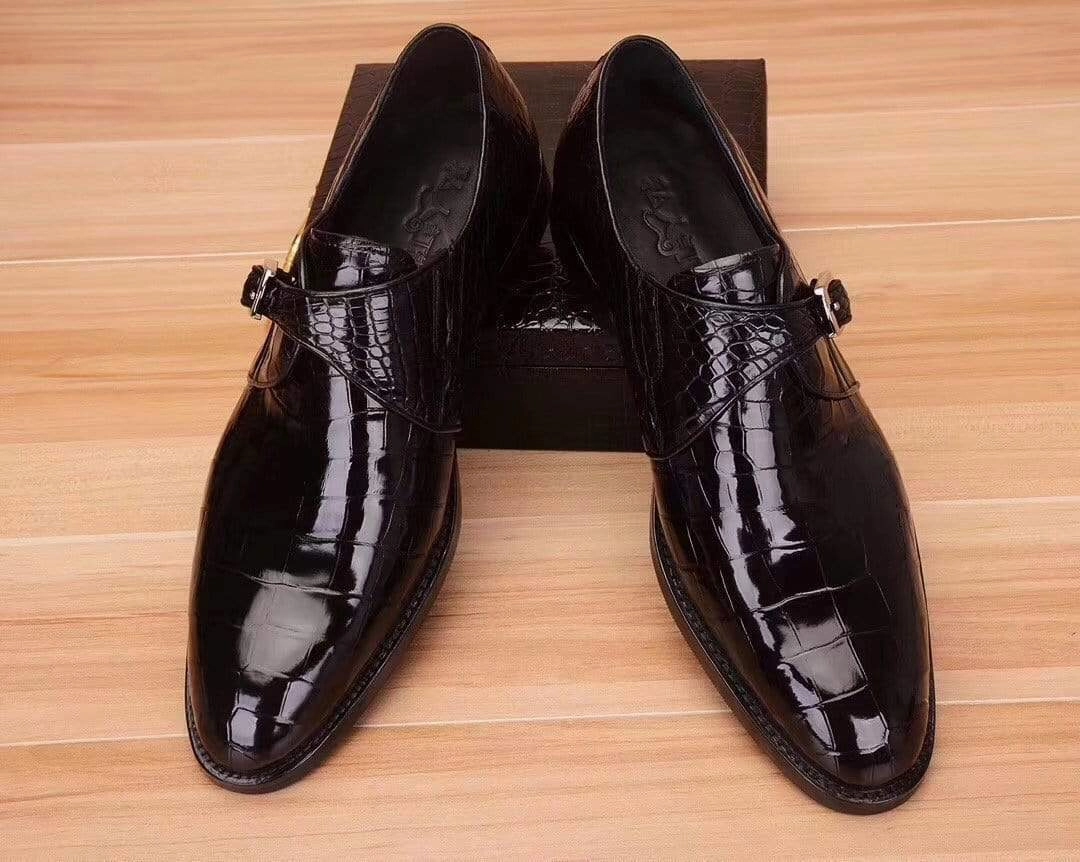 Crocodile Shoes Mens Crocodile  Leather Black Monk Shoes Slip on Smart Loafer Hush Puppies Loafers