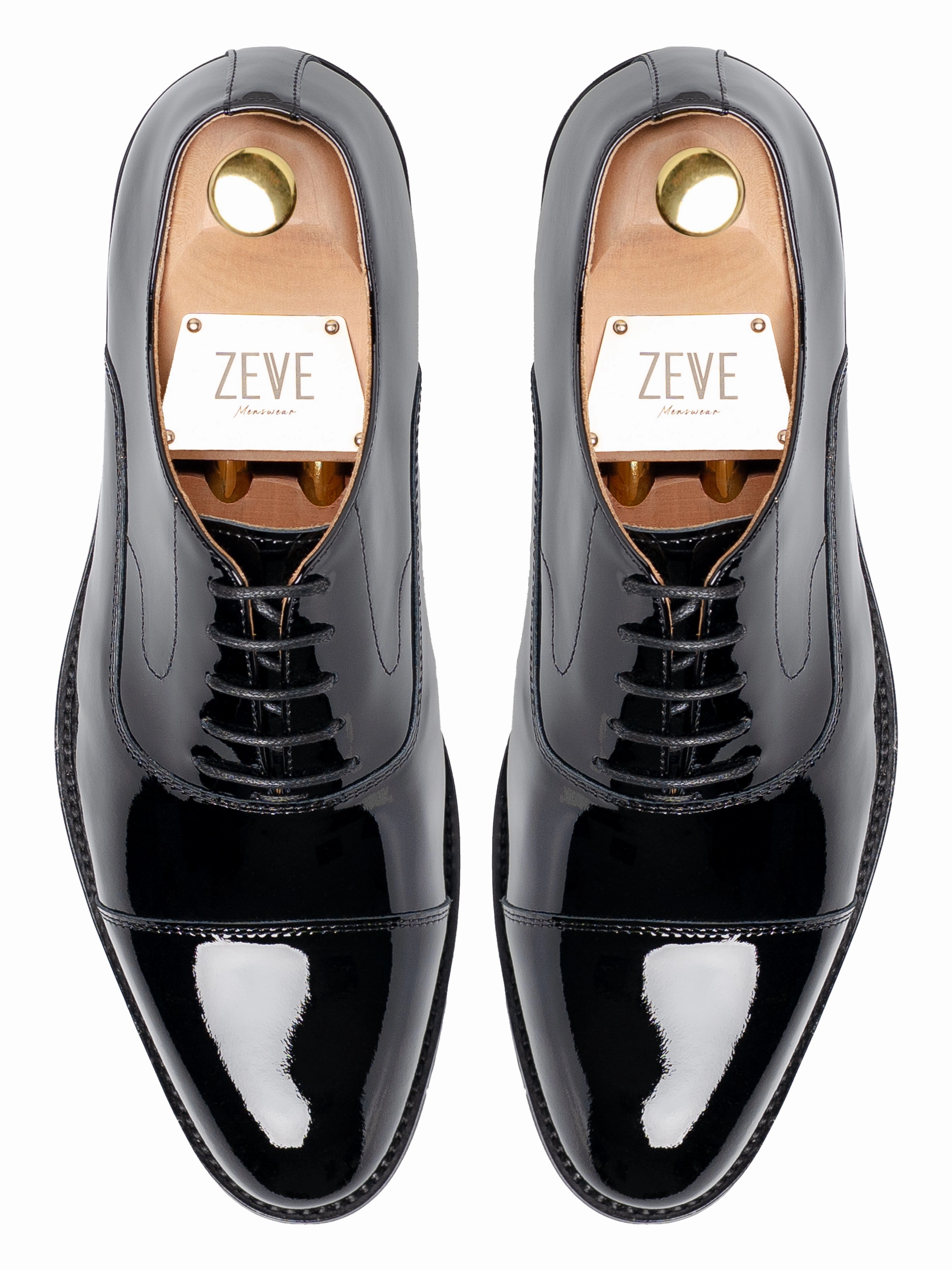 Oxford Cap Toe Tux - Black Patent Leather Saddle Oxfords Wide Width