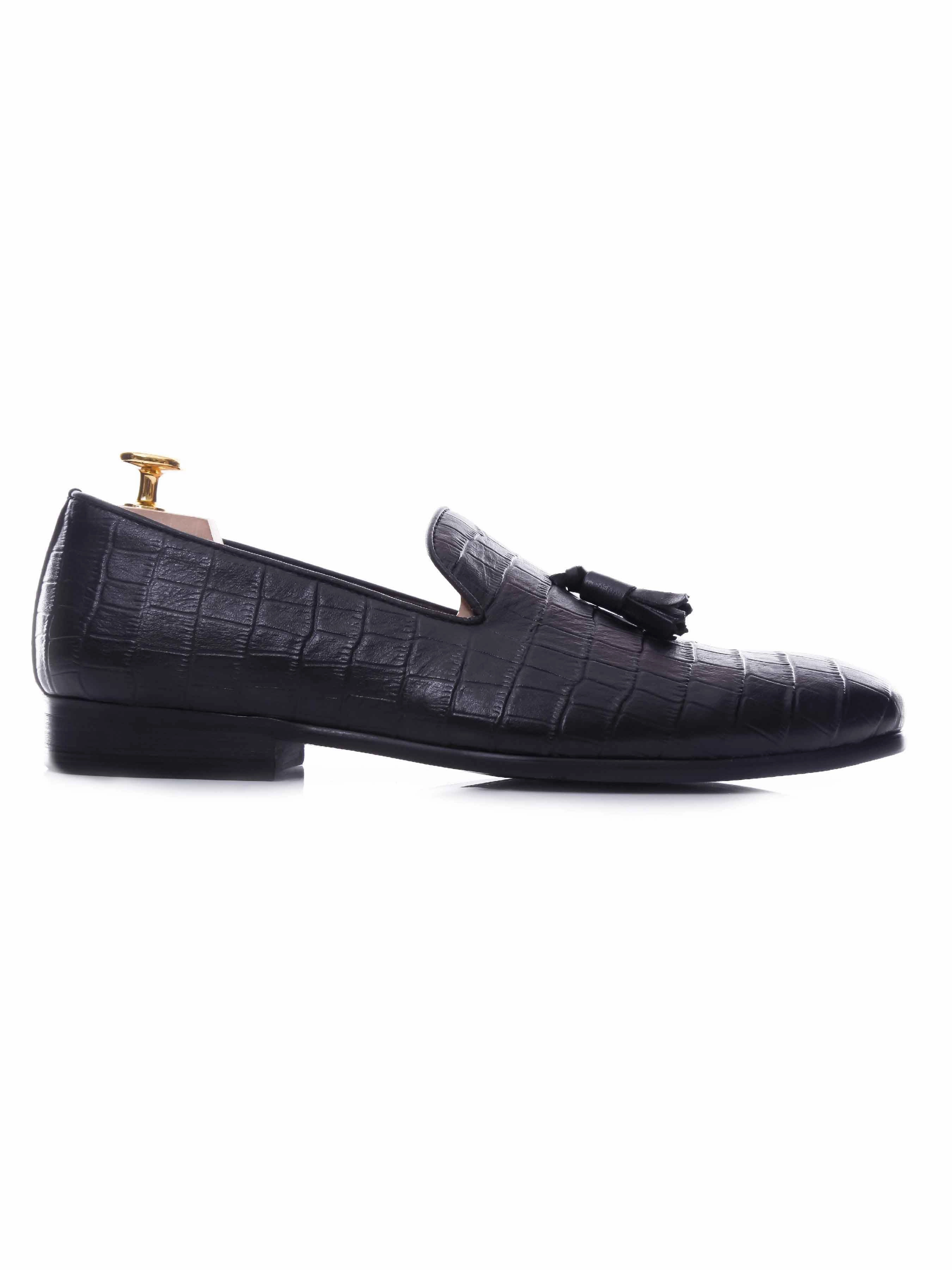 Black Jeans Loafers Loafer Slipper - Black Croco Leather