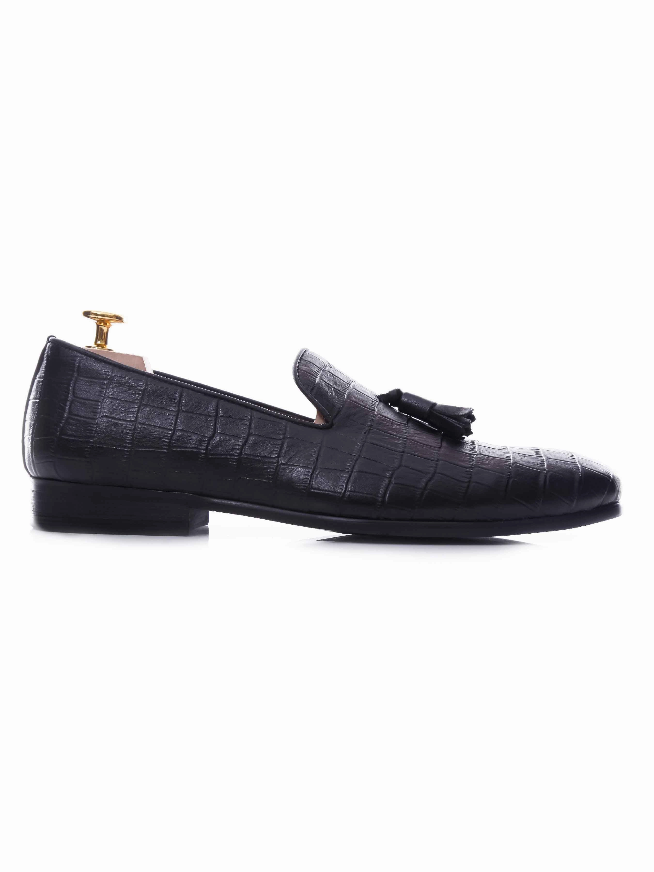 Loafer Slipper - Black Croco Leather Loafers With Silver Buckle