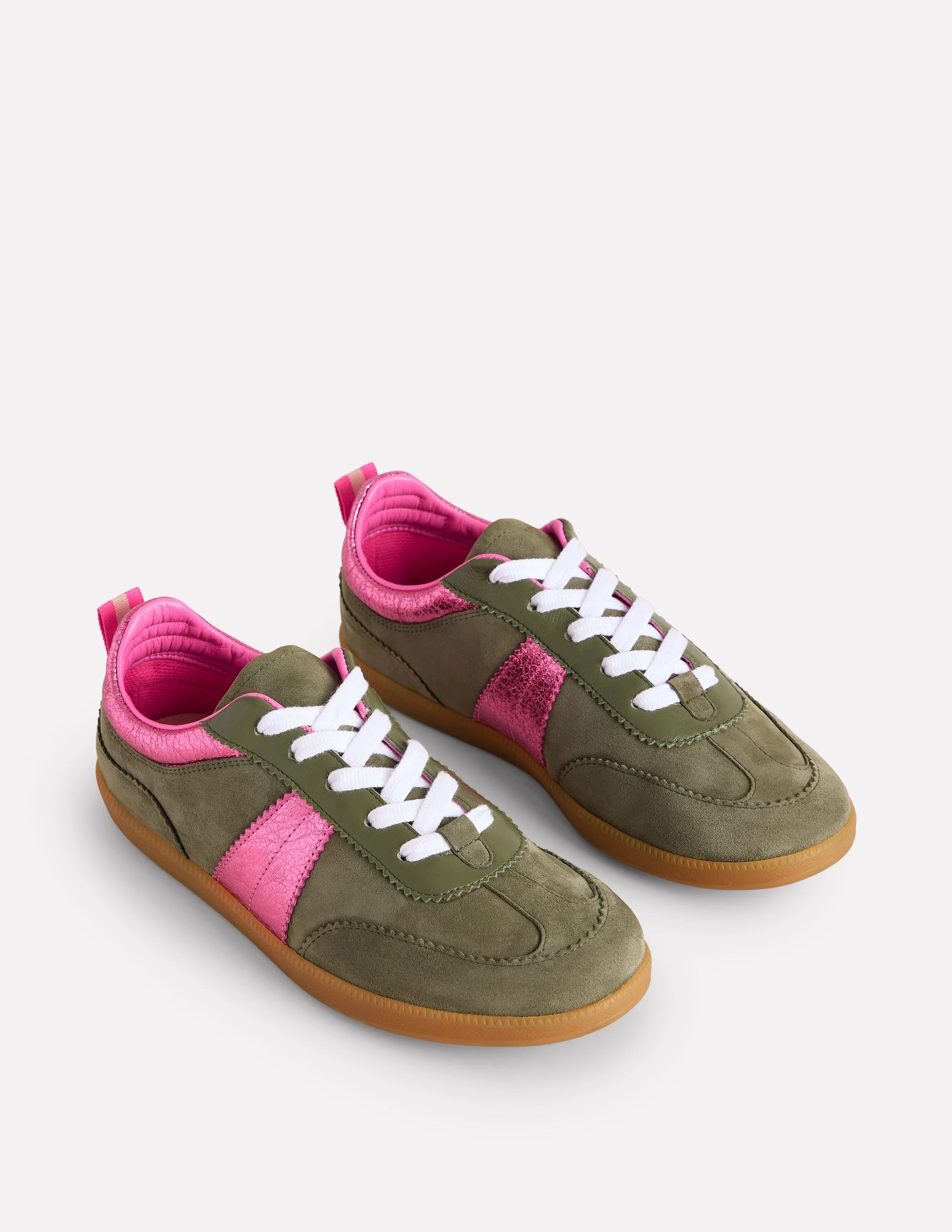 Hightop Tennis Shoes Erin Retro Tennis Trainers-Khaki/Bright Pink