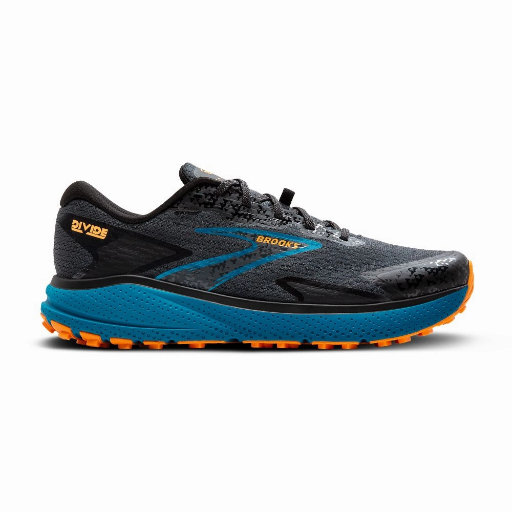 Carbon Plated Trail Running Shoes Men's Brooks Divide 5, Ebony/Blue Sapphire/Orange, 12.5 D Medium