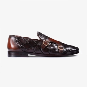 Men's Dark Brown Woven Double Monk Strap Brogue Cap Toe