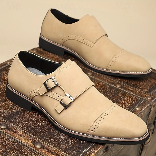 Men's Shoes Strap Double Leather Faux Monk Beige with Clarks Leather Brogues
