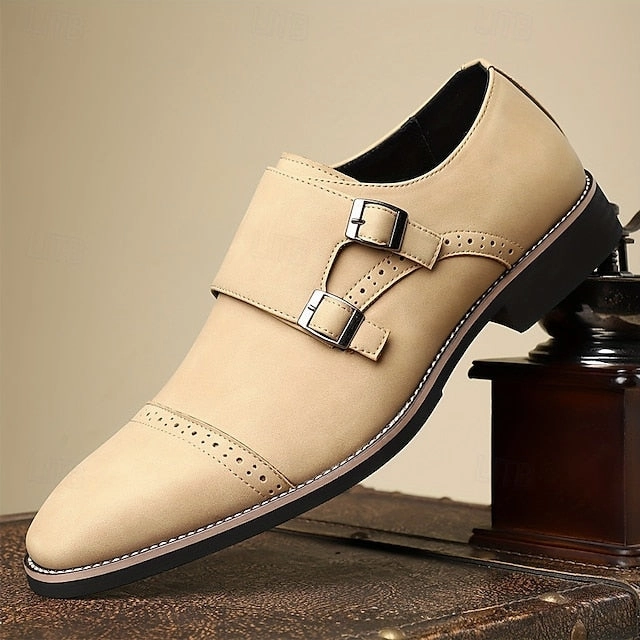 Men's Shoes Strap Double Leather Faux Monk Beige with Lace Up Platform Brogues