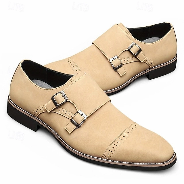 Men's Shoes Strap Double Leather Faux Monk Beige with Ghillie Brogue