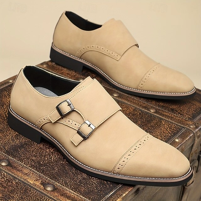 Men's Shoes Strap Double Leather Faux Monk Beige with Heeled Oxford Brogues