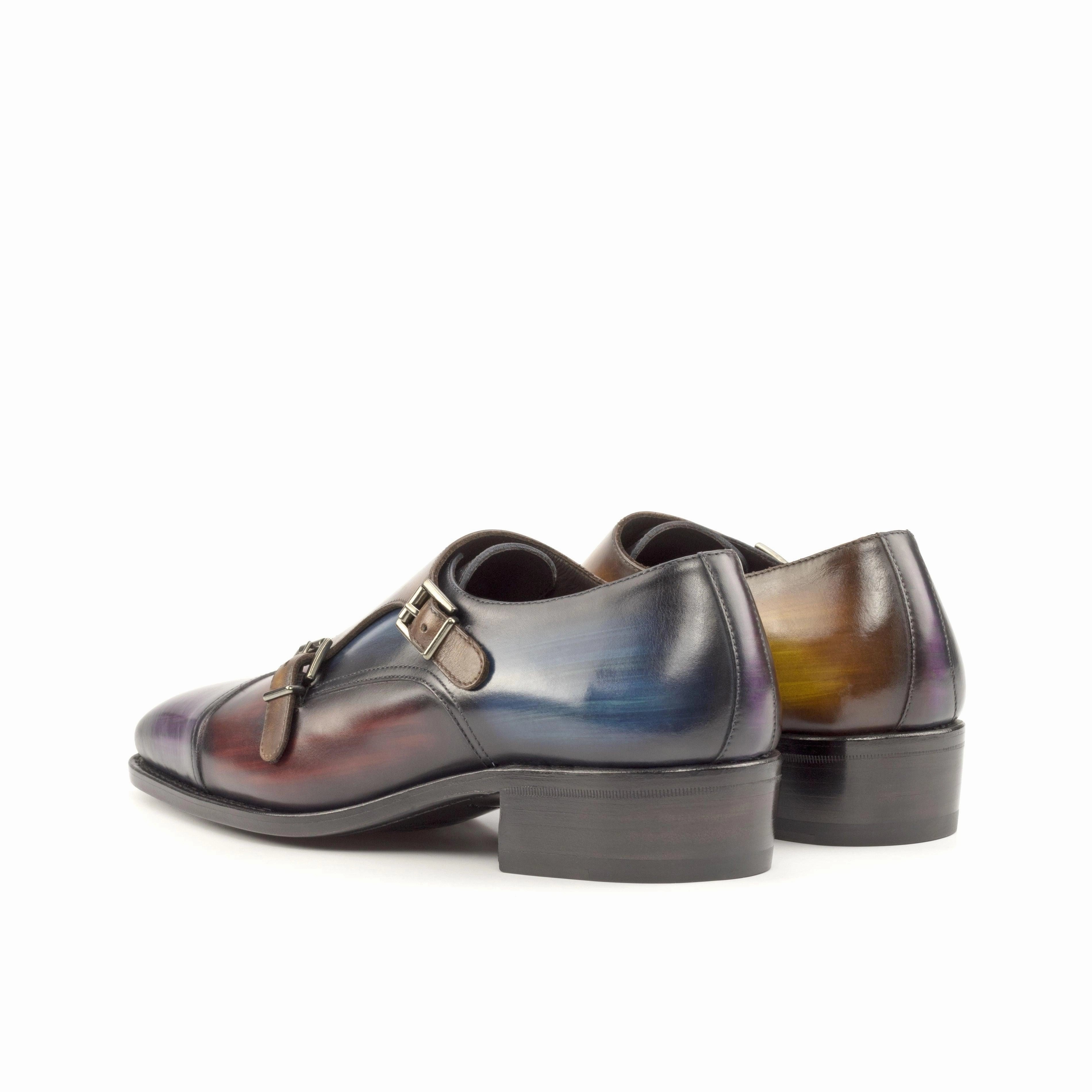 Multi-Colored Patina Leather Double-Monk Shoes Brogues Shoes With Jeans