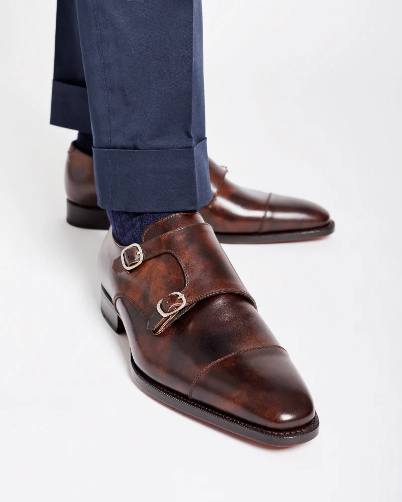 Affleck Brogue Boot Museum Brown Leather Double Monk Strap Dress Shoe