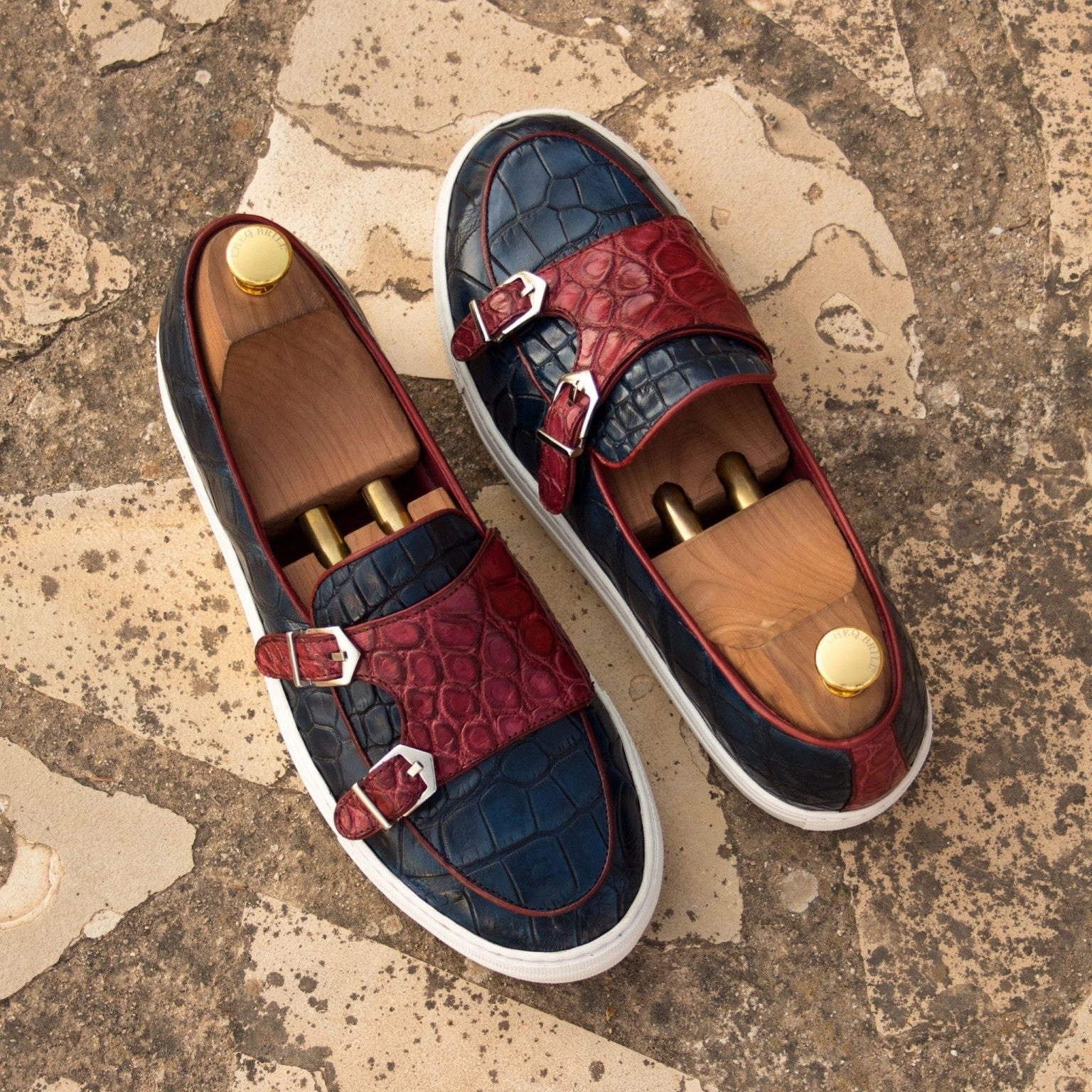 Navy & Red Alligator Double-Monk Sneakers Brogues Bag