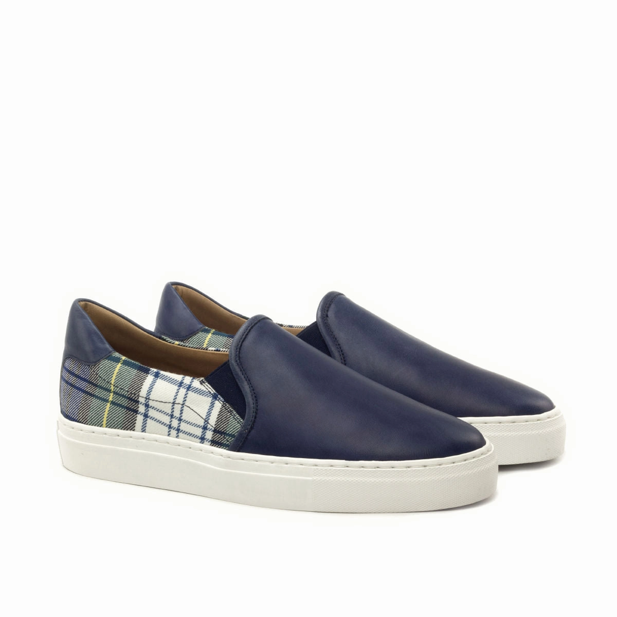 Slip Resistant Slip-on Shoes Navy Calf & Tartan Fabric Slip-on Sneakers