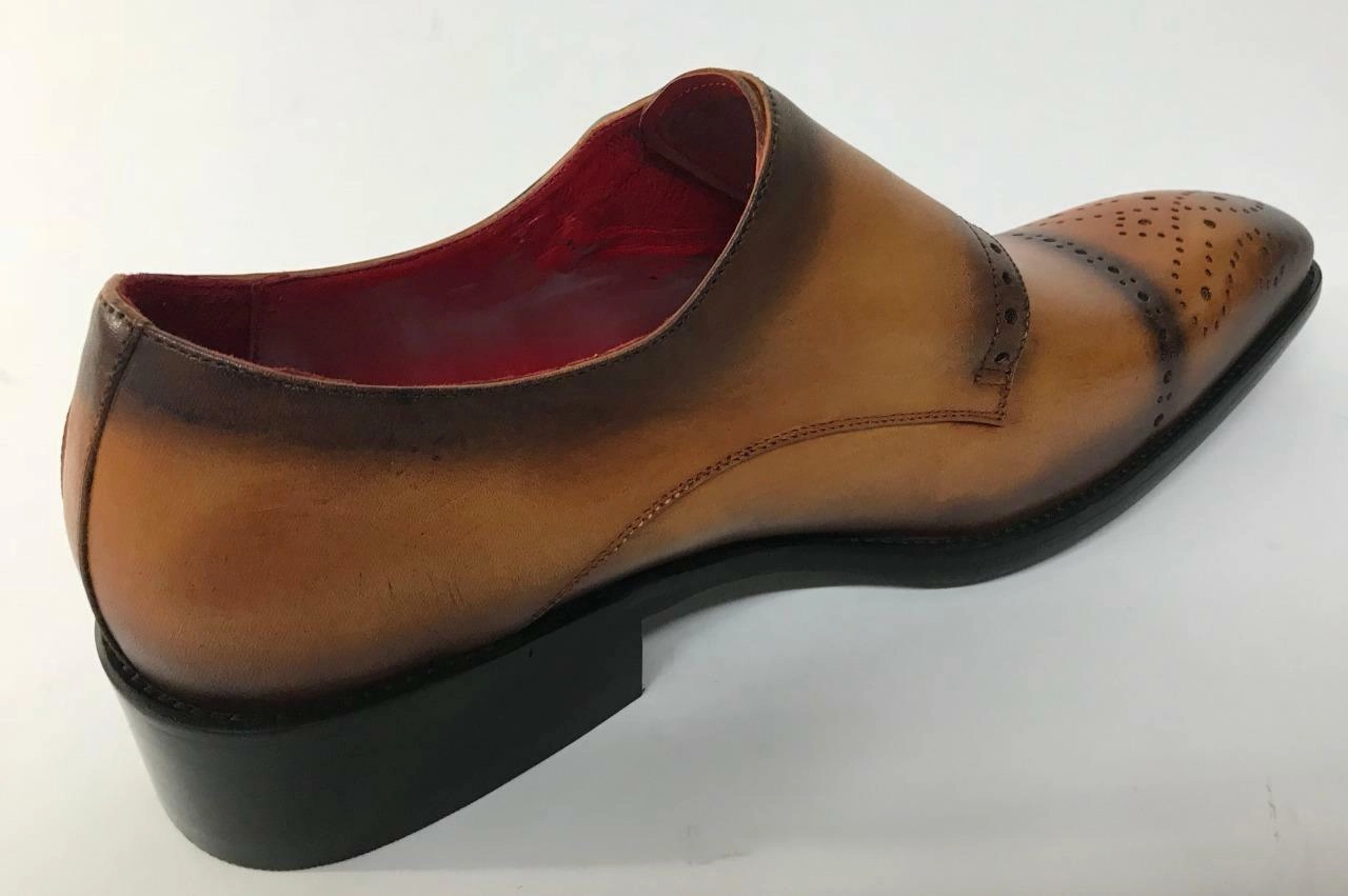 New Encore Fiesso Tan Leather Buckle Brogue Style Slip on Dress Shoes FI 8703 Pointed Brogue Shoes