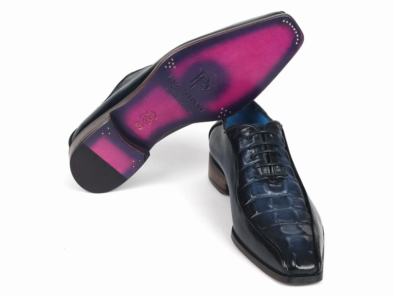 Paul Parkman Navy Croco Textured Leather Bicycle Toe Oxfords (ID#94-214) Infant Oxford Shoes