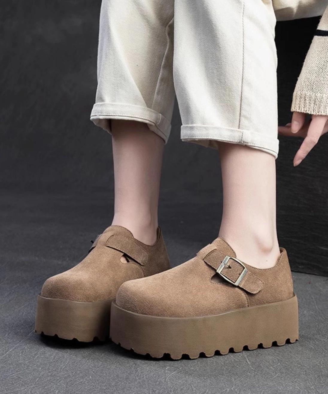 Vintage Style Mary Jane Shoes Original Design Khaki Women Splicing Suede Platform Shoes YC010