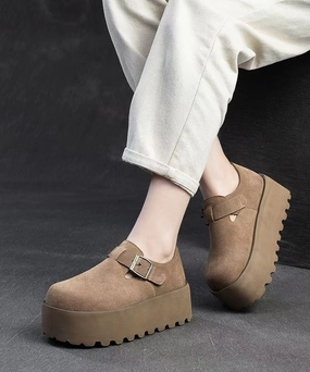 Mary Jane T Strap Shoes Original Design Khaki Women Splicing Suede Platform Shoes YC010