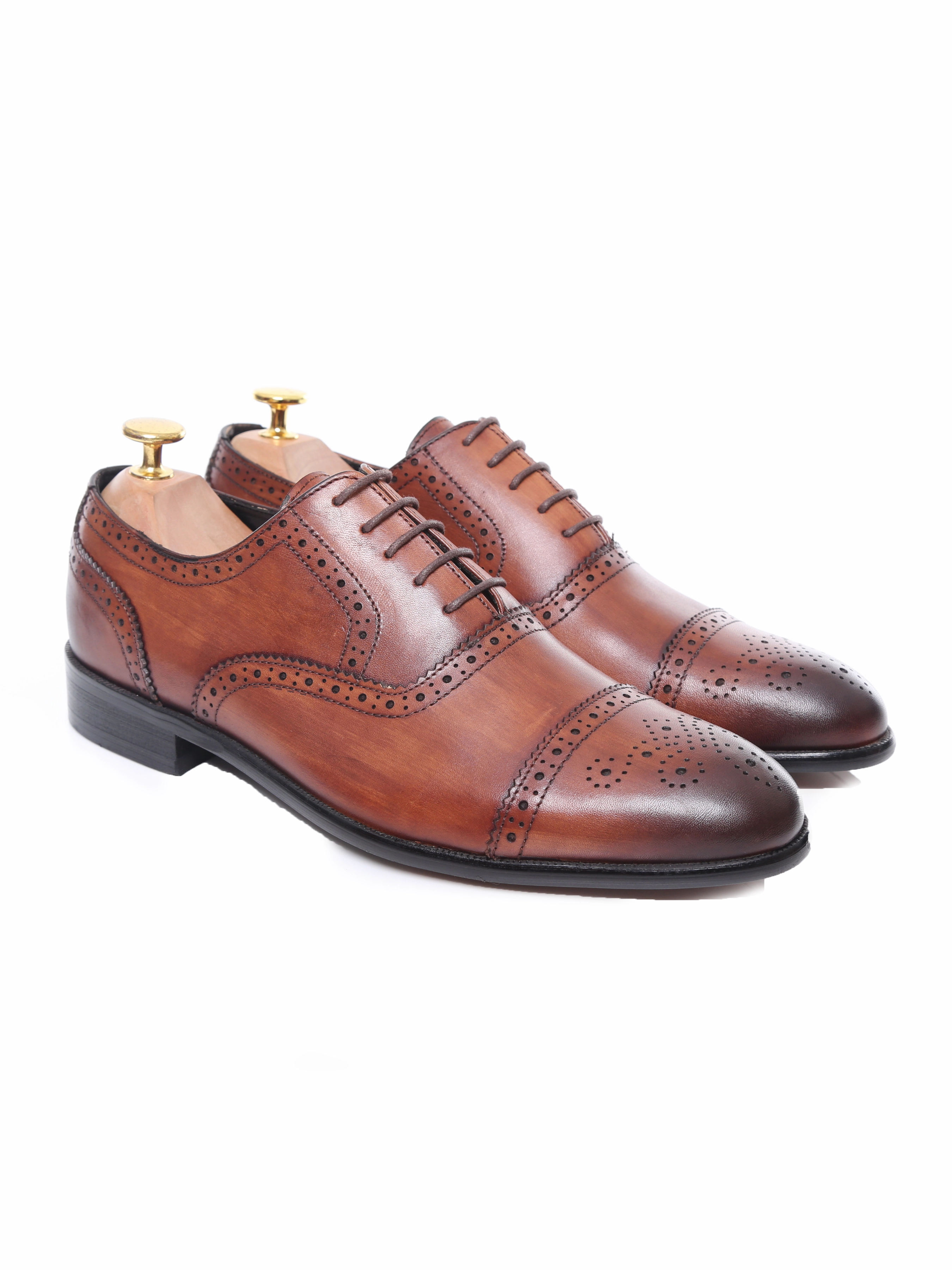 Oxford Cap Toe - Cognac Tan Semi Brogue Lace Up (Hand Painted Patina) Oxfords Not Rhodes