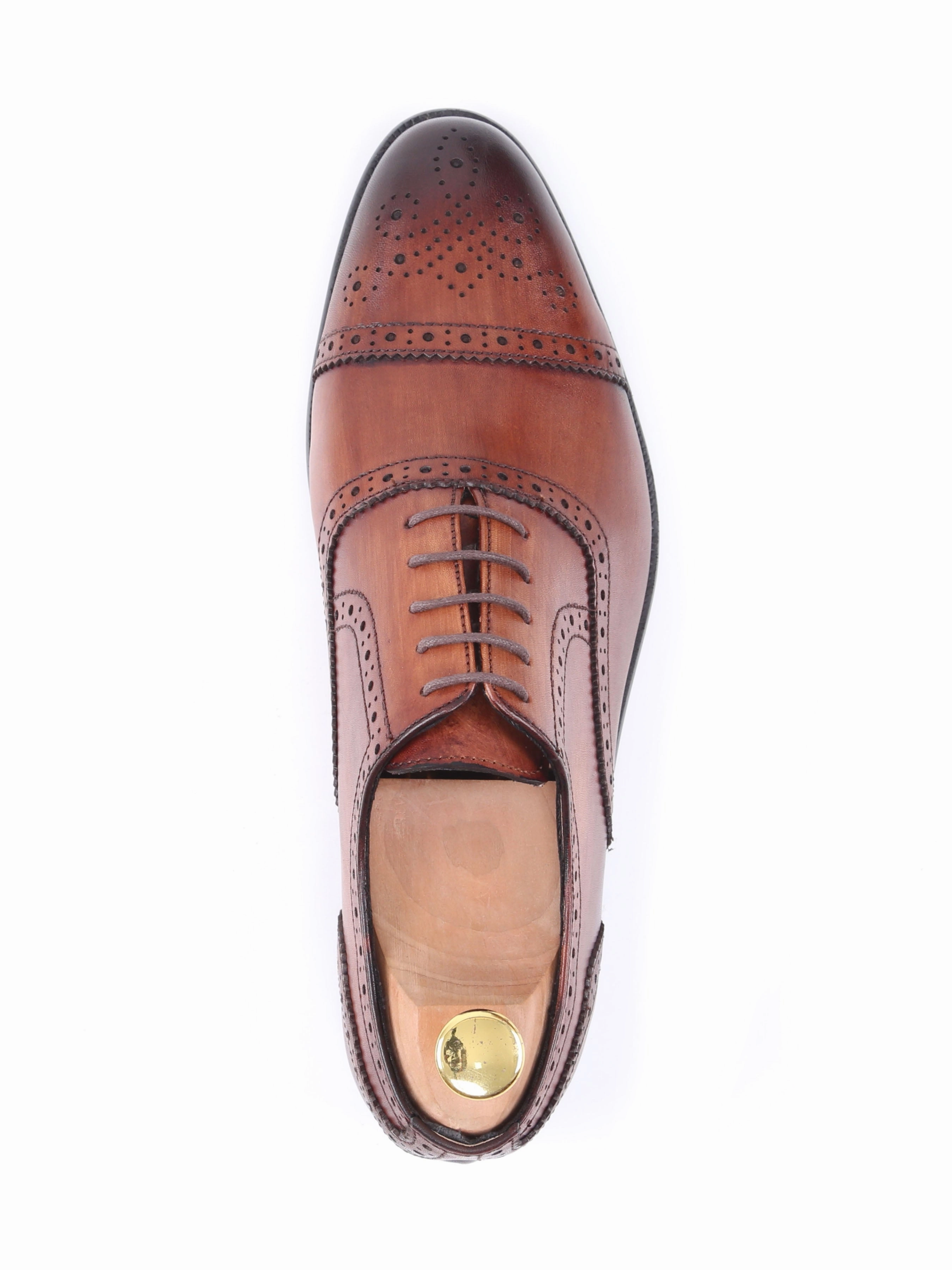 Oxford Cap Toe - Cognac Tan Semi Brogue Lace Up (Hand Painted Patina) Oxford Flats Shoes
