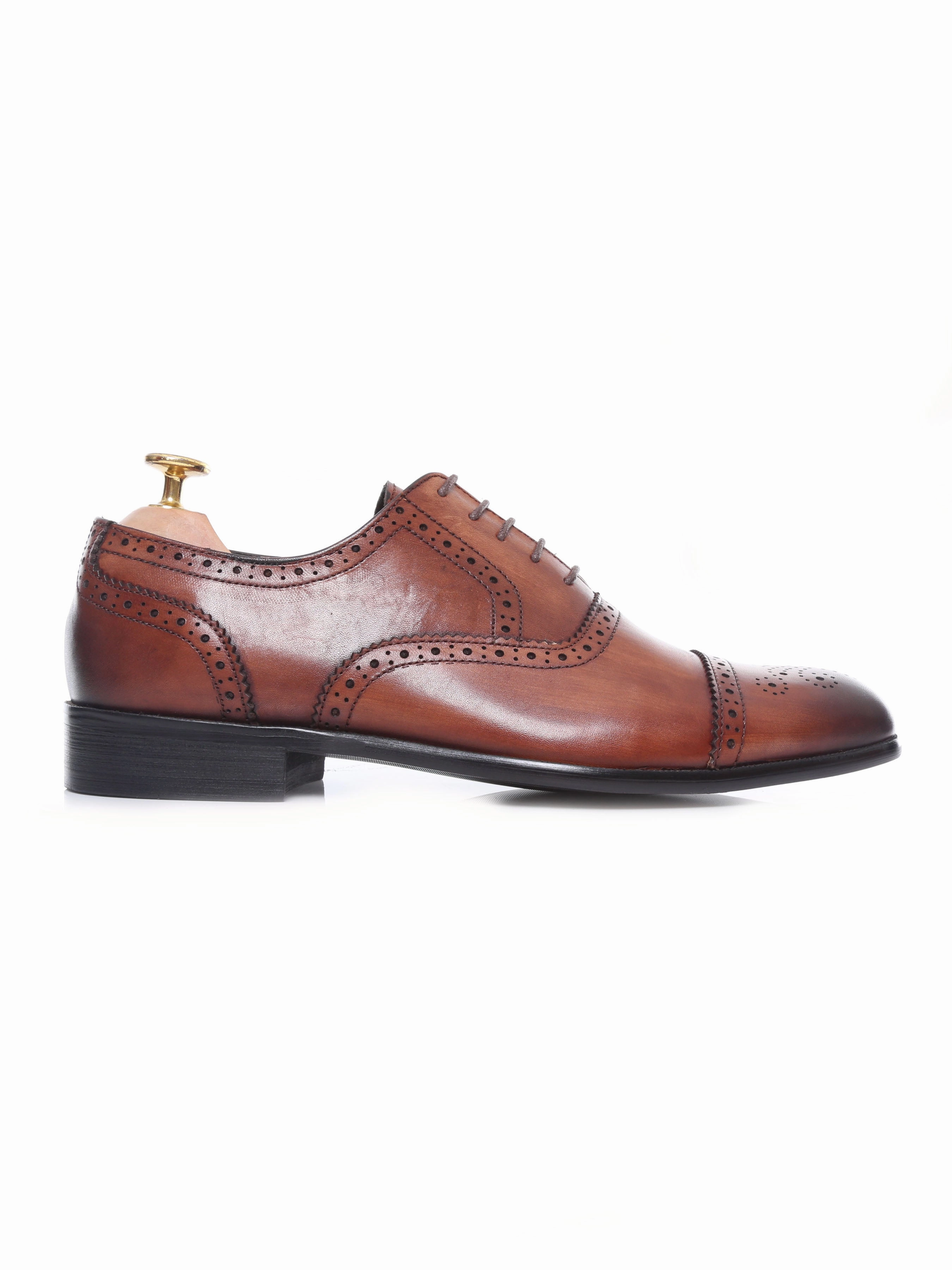 Oxford Cap Toe - Cognac Tan Semi Brogue Lace Up (Hand Painted Patina) Pro Series Oxfords
