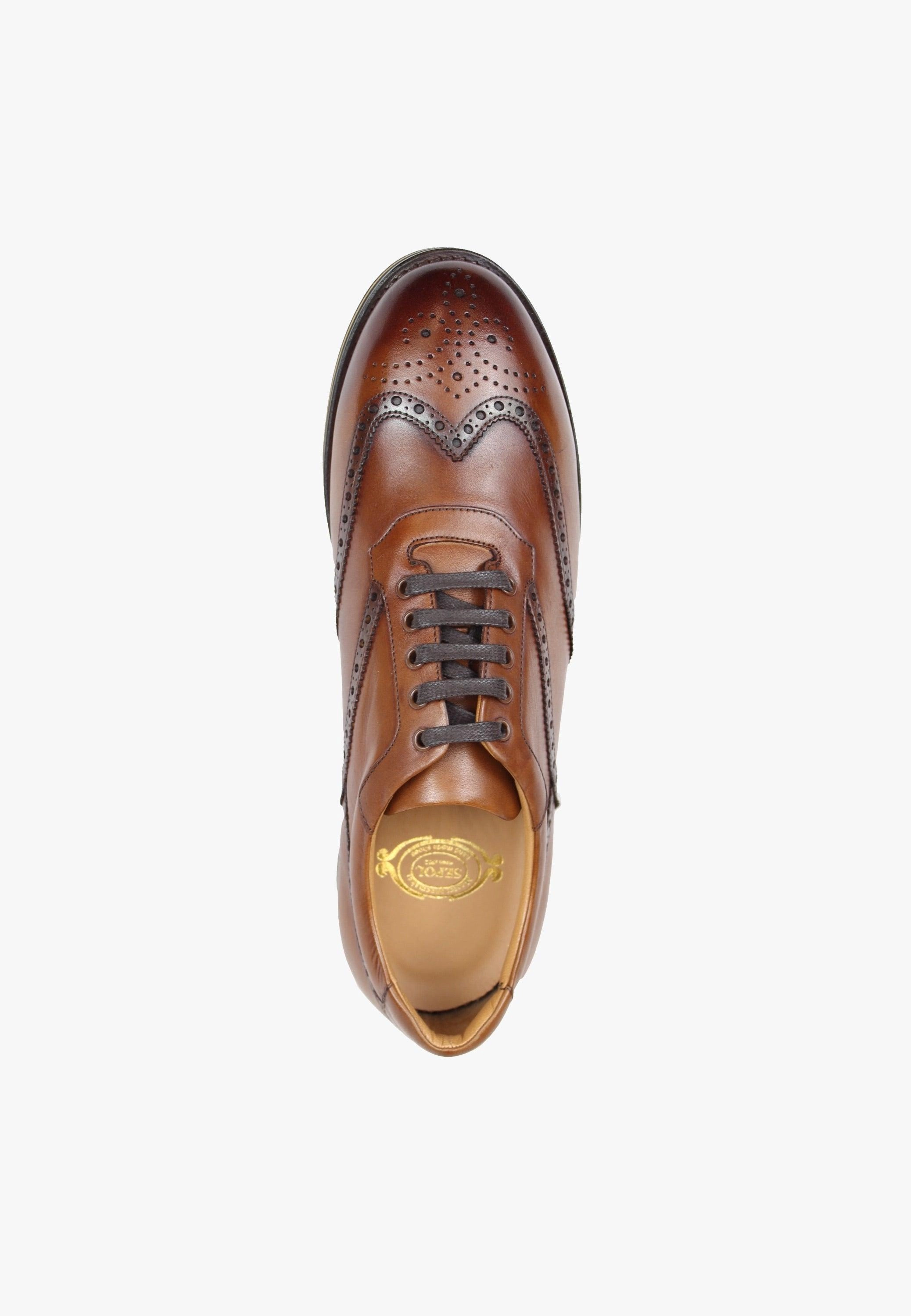 SEPOL Oxford Wingtip Sneaker Mens Leather Cognac Classic Square Toe Oxford