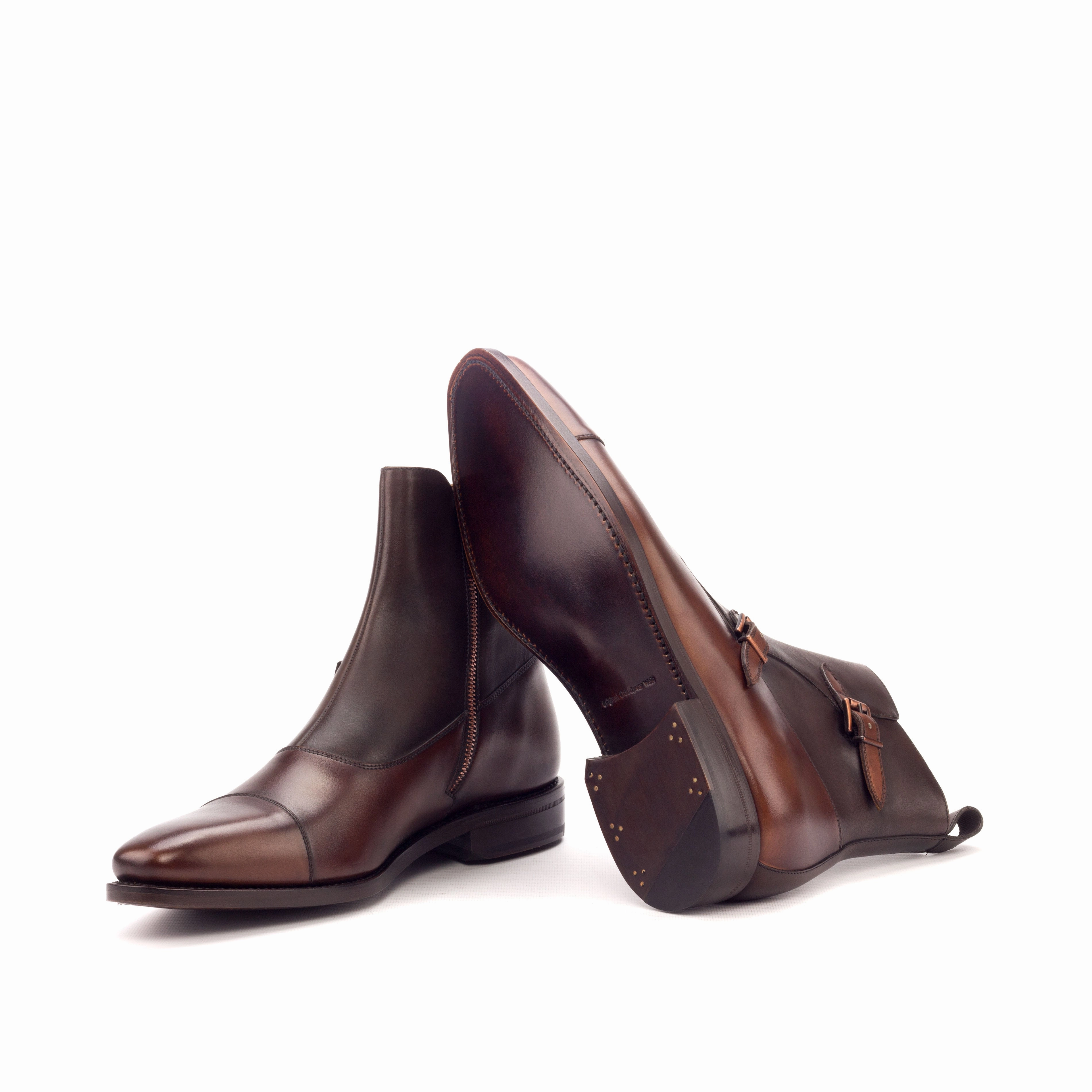 Casual Brogue Shoes Medium & Dark Brown Painted Calf Double-Monk Boots
