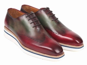 Paul Parkman Men's Smart Casual Wingtip Oxfords in Bordeaux and Green Lug Sole Oxfords