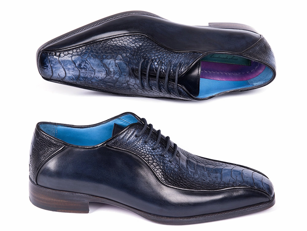 Paul Parkman Navy Genuine Ostrich Leg Bicycle Toe Oxfords (ID#94DLNVY) Crazy Horse Oxford