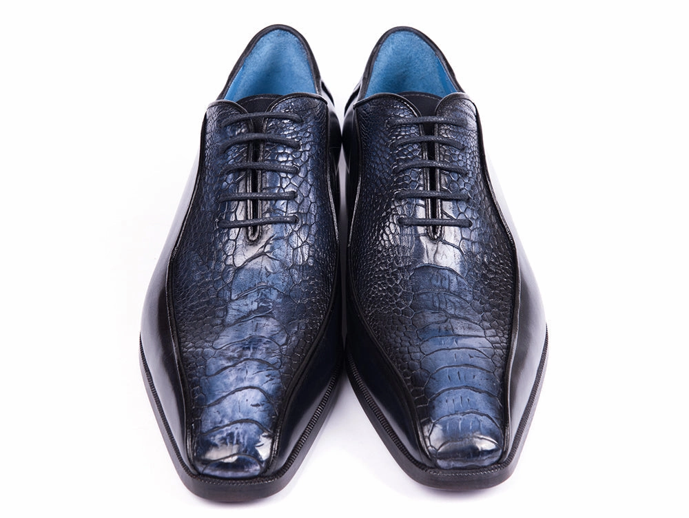 Paul Parkman Navy Genuine Ostrich Leg Bicycle Toe Oxfords (ID#94DLNVY) Zerogrand Stitchlite Wingtip Oxford