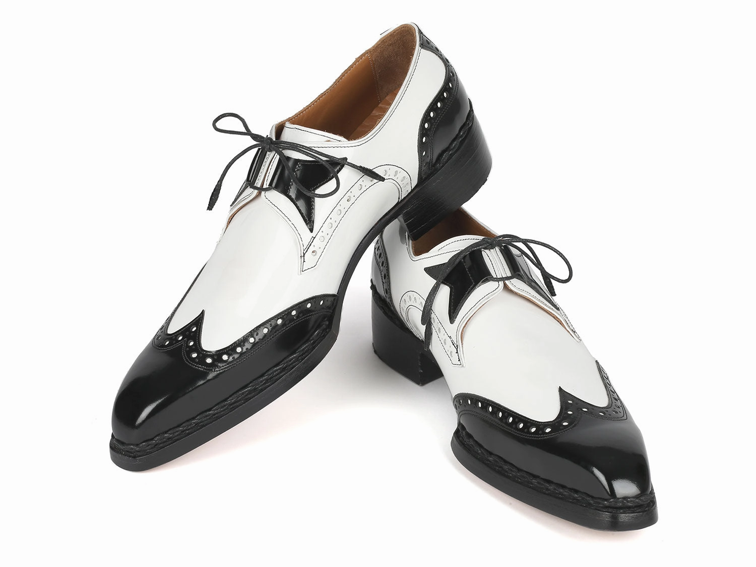 Lace Up Leather Shoes Paul Parkman Norwegian Welted Wingtip Men's Dress Shoes Black and White (ID#8505-BNW)