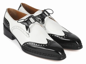 Leather Lace Up Oxford Shoes Paul Parkman Norwegian Welted Wingtip Men's Dress Shoes Black and White (ID#8505-BNW)