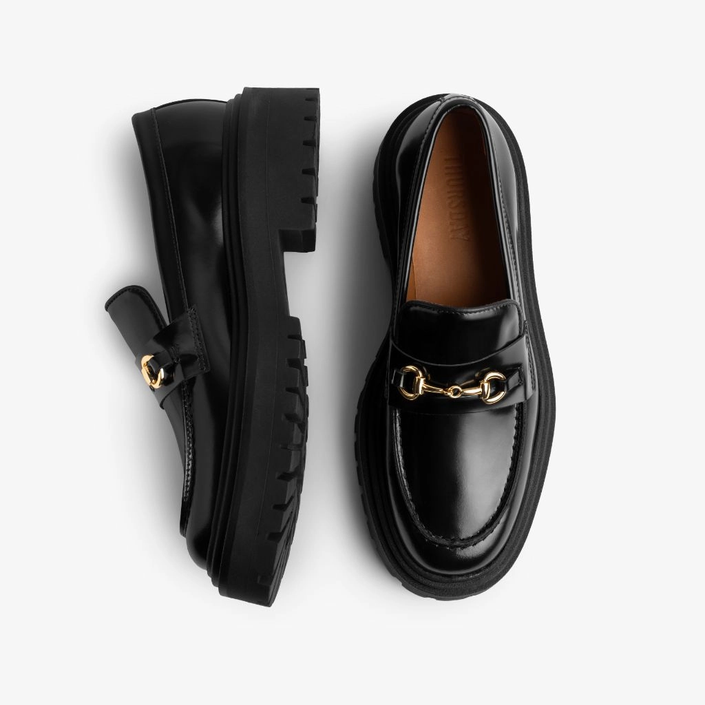 Penny Platform | Black & Gold Patent Double Strap Mary-jane Court Shoes