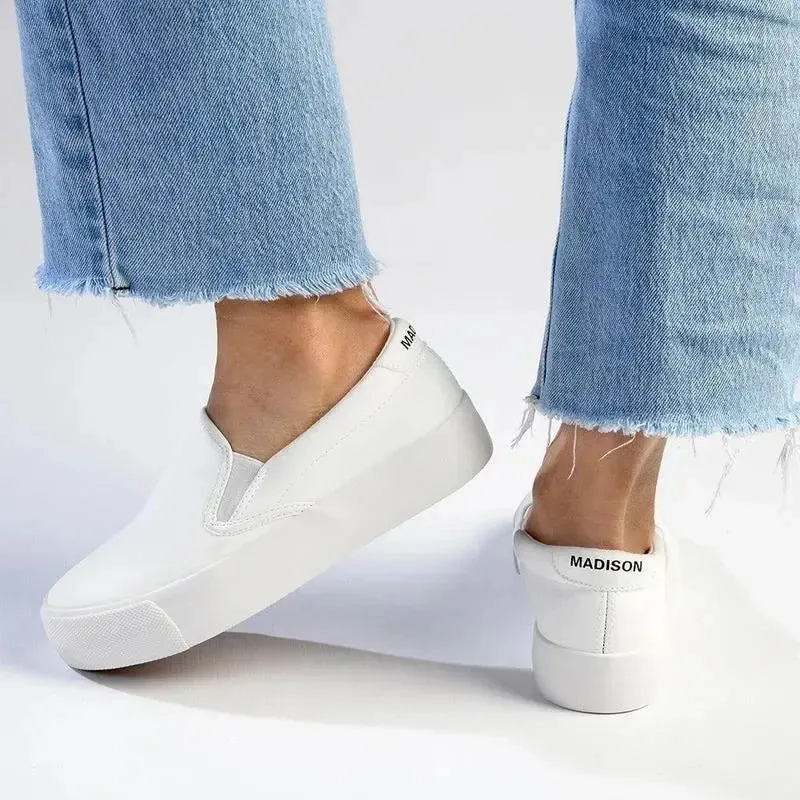 Madison Ladies Platform Slip On Sneaker - White Slip-ons