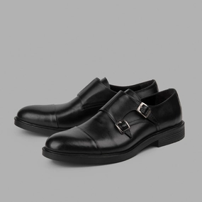 Monolith Brogues BRIO Genuine Leather Cap Toe Double Monk  Black