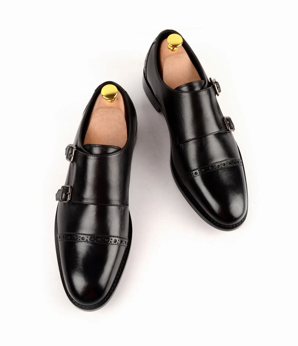Goodyear Welted - Double Monk Strap - Black Full Brogue Derby Shoes