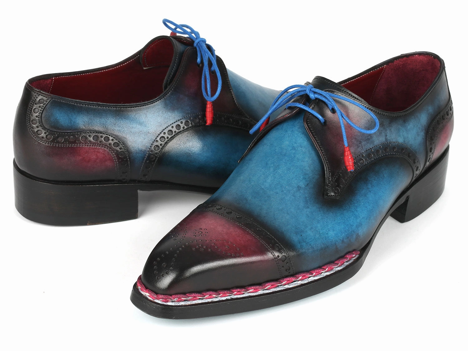 Suture Lace Derby Shoes Paul Parkman Norwegian Welted Cap Toe Derby Shoes Blue and Purple (ID#8508-PBL)